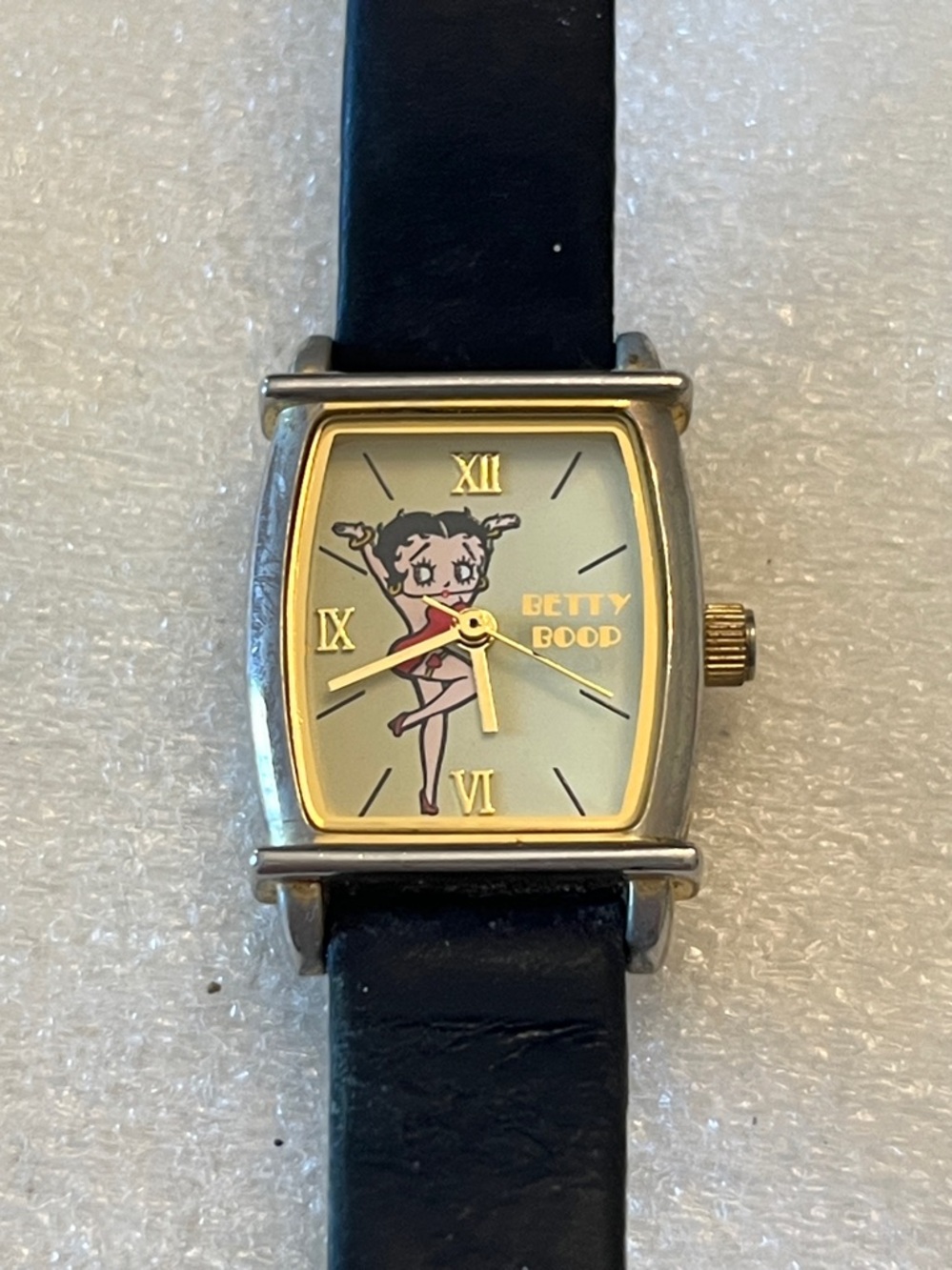 Vintage 2002 Betty Boop Gold-Tone Square Dial Women's Watch with Black Strap
